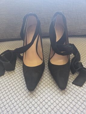 Women's JLo Black Suede Pointed Ankle-Tie Heels